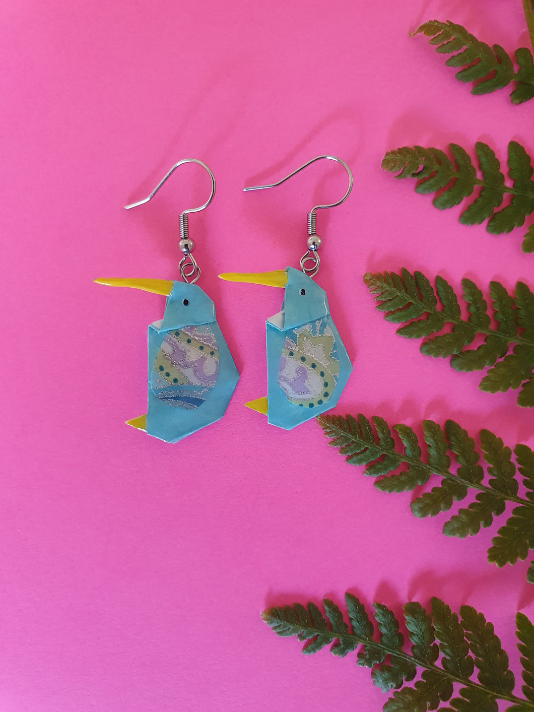 Origami Kiwi Bird Earrings - Blue