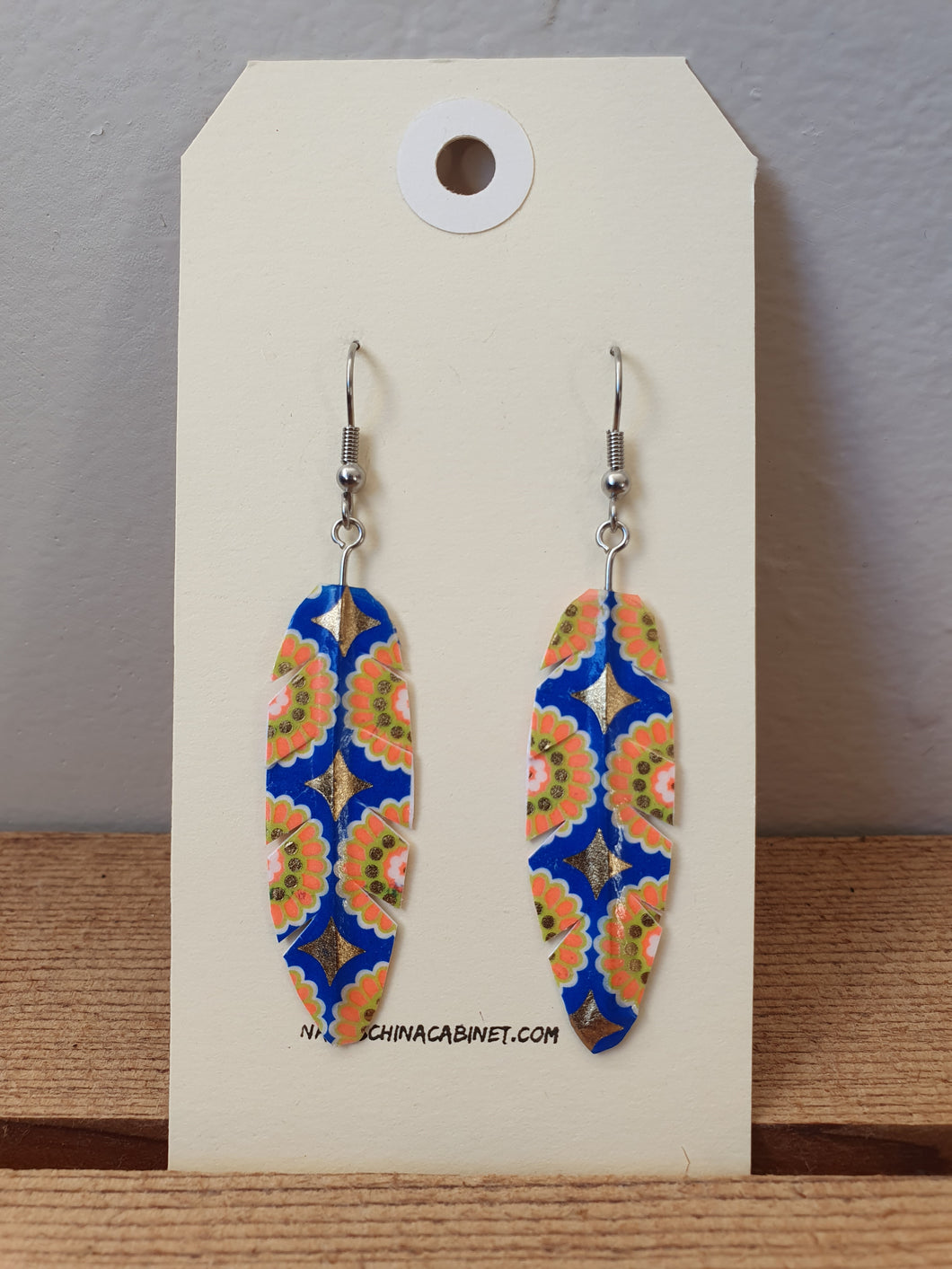 Washi Feather Style Earrings © - Blue & Orange Mandala