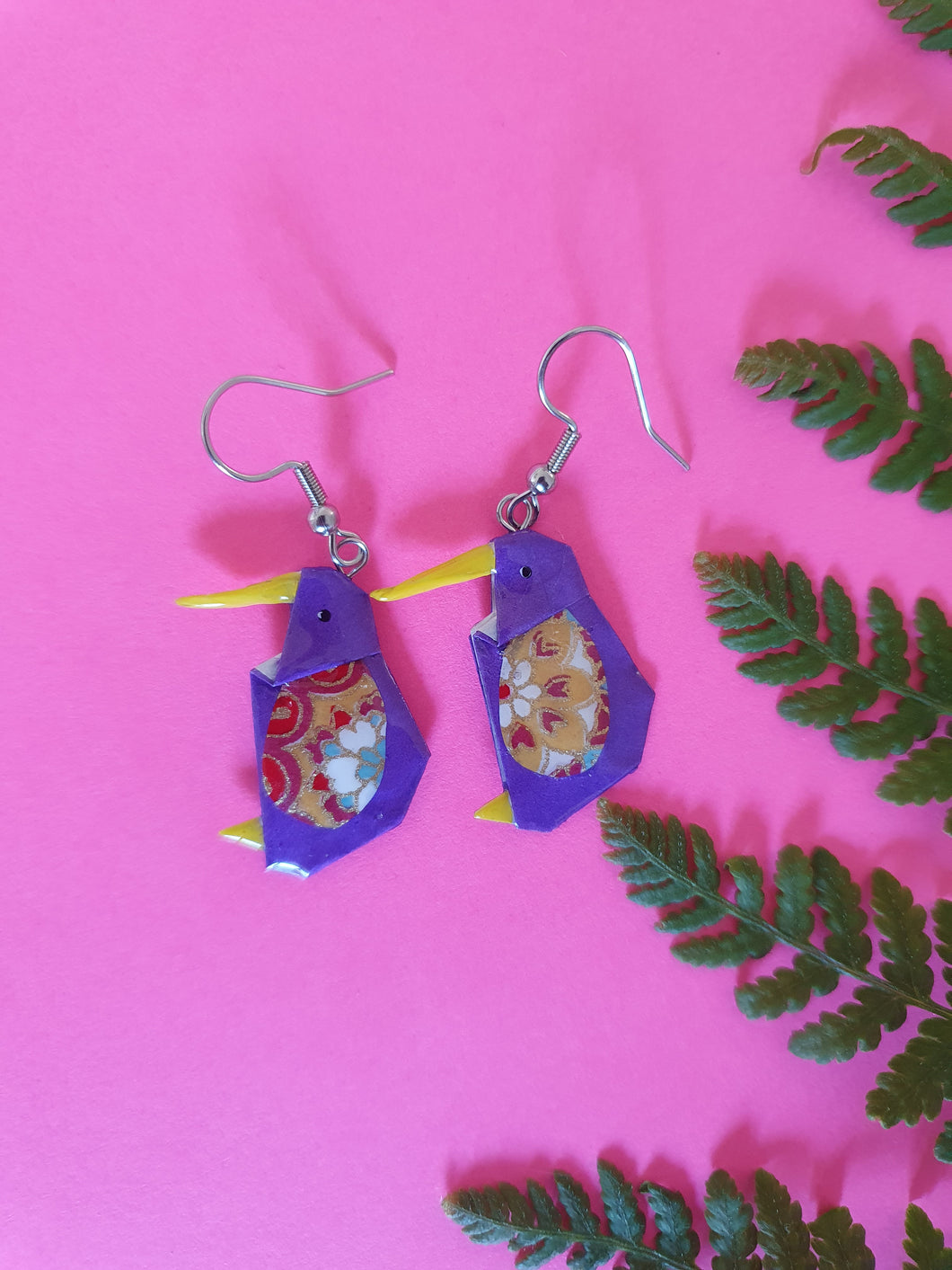 Origami Kiwi Bird Earrings - Purple