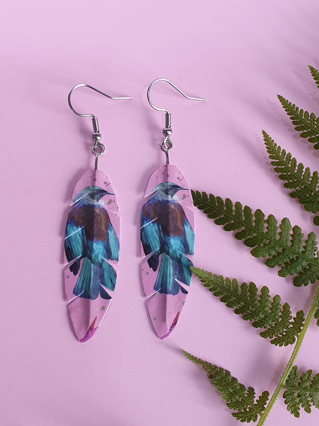 Art by Judi Lapsley Miller Feather Earrings -Tūī