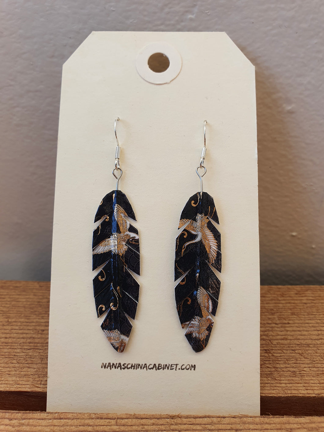 Washi Feather Style Earrings © - Black with White Cranes