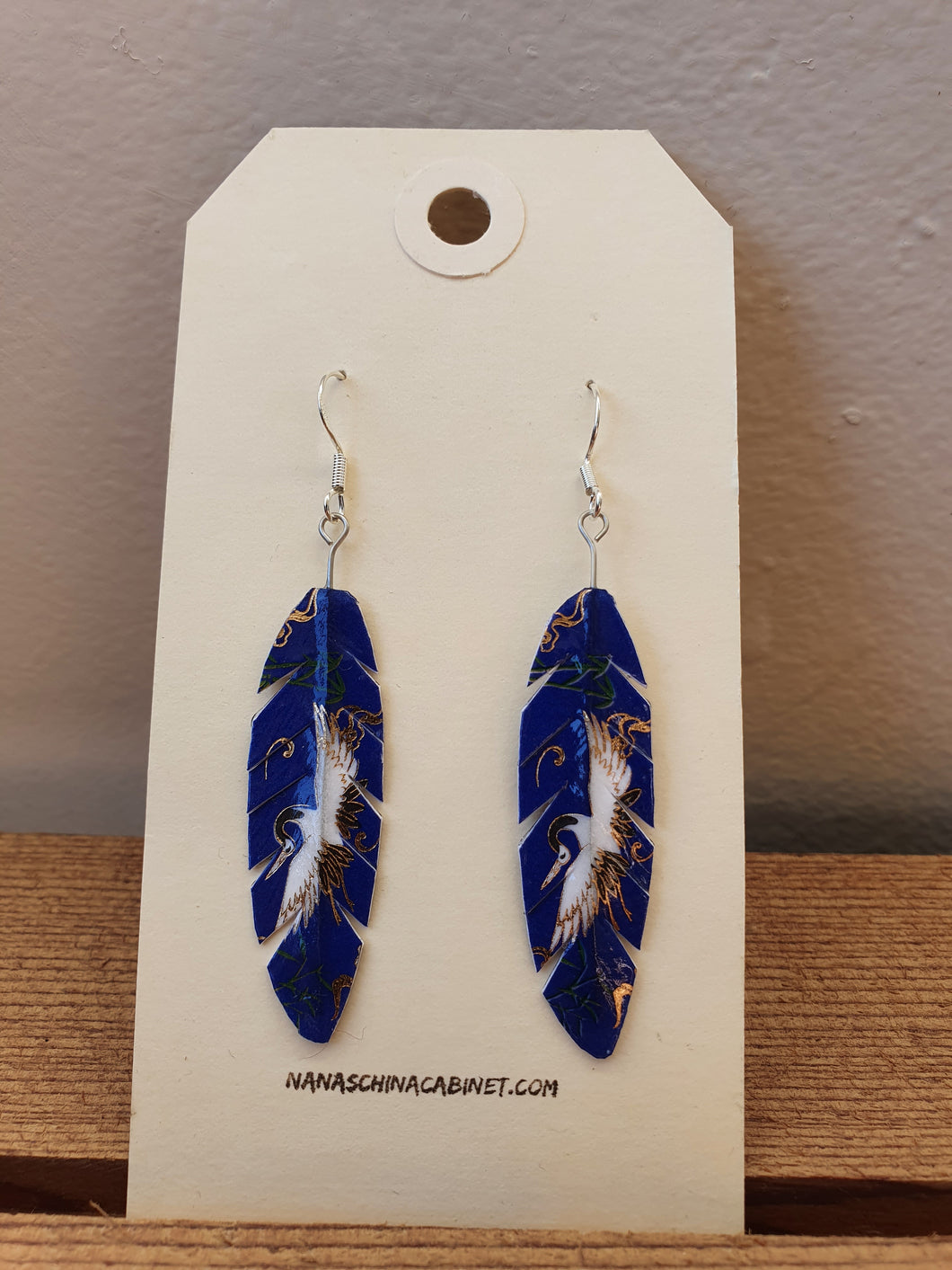 Washi Feather Style Earrings © - Royal Blue with White Cranes